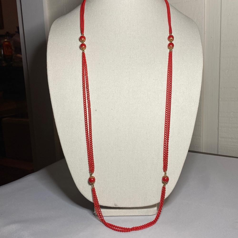 Vintage long red chain bead Celebrity necklace